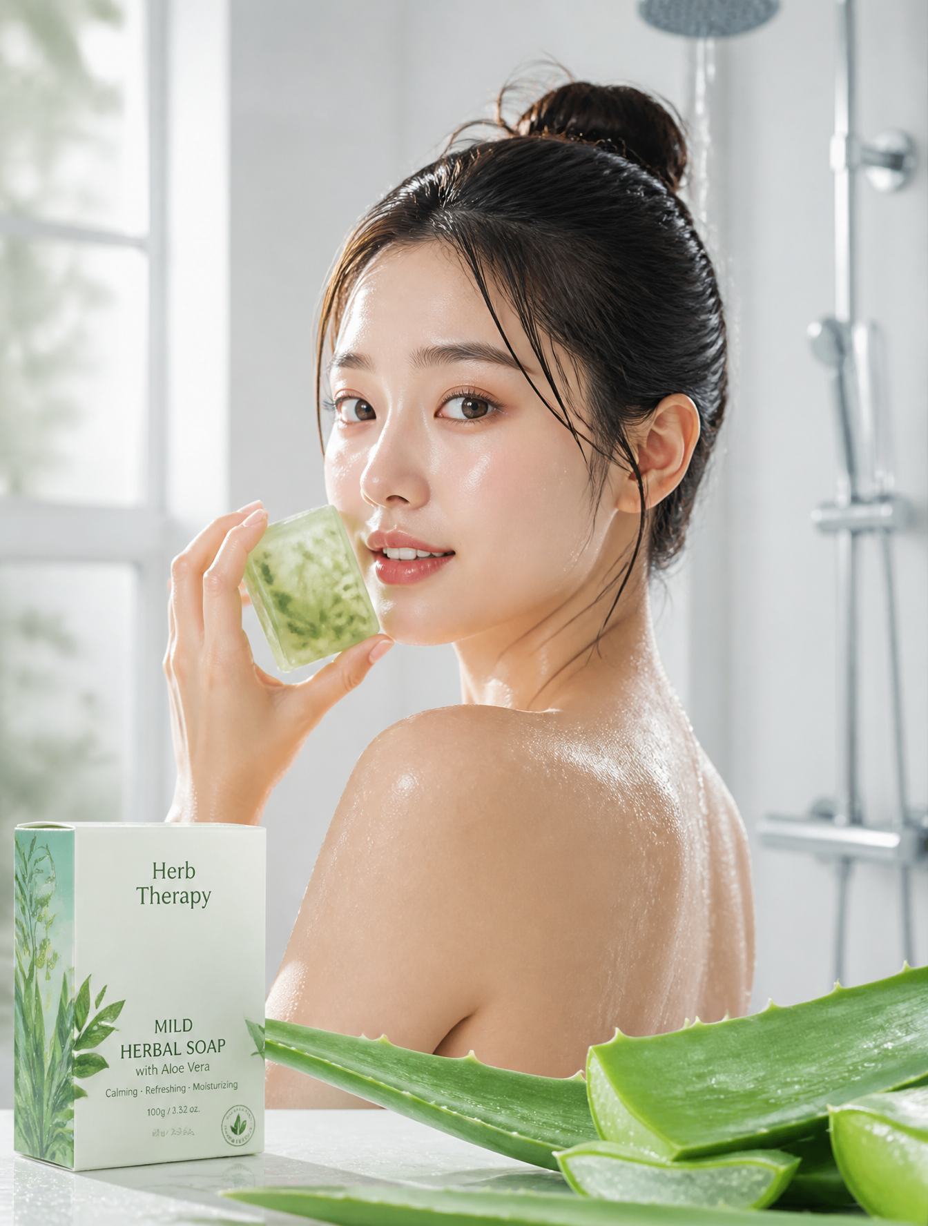 草本肥皂商业摄影：水润肌肤与芦荟的自然之美