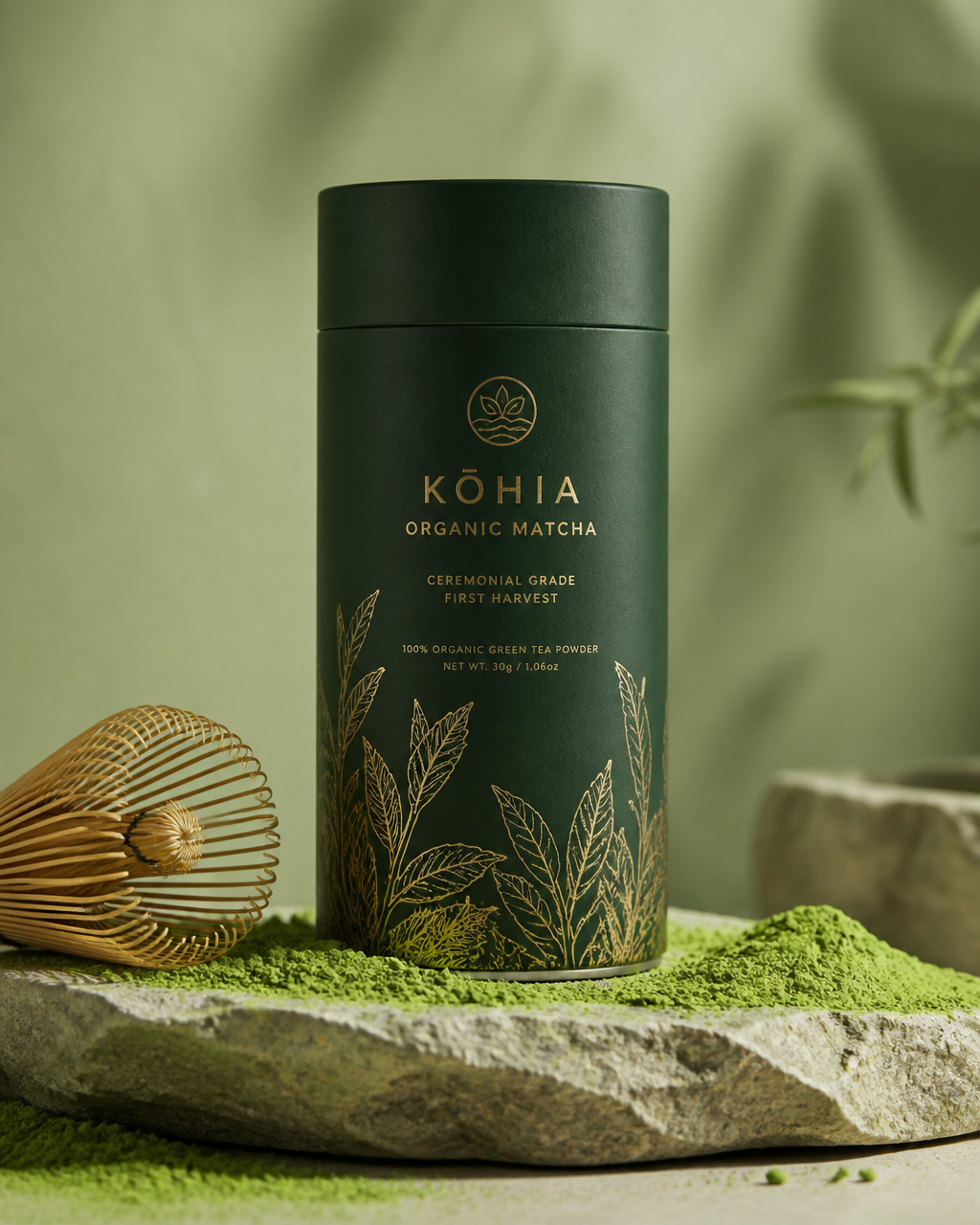 高端有机抹茶品牌包装设计 极简绿色锡罐与金箔艺术