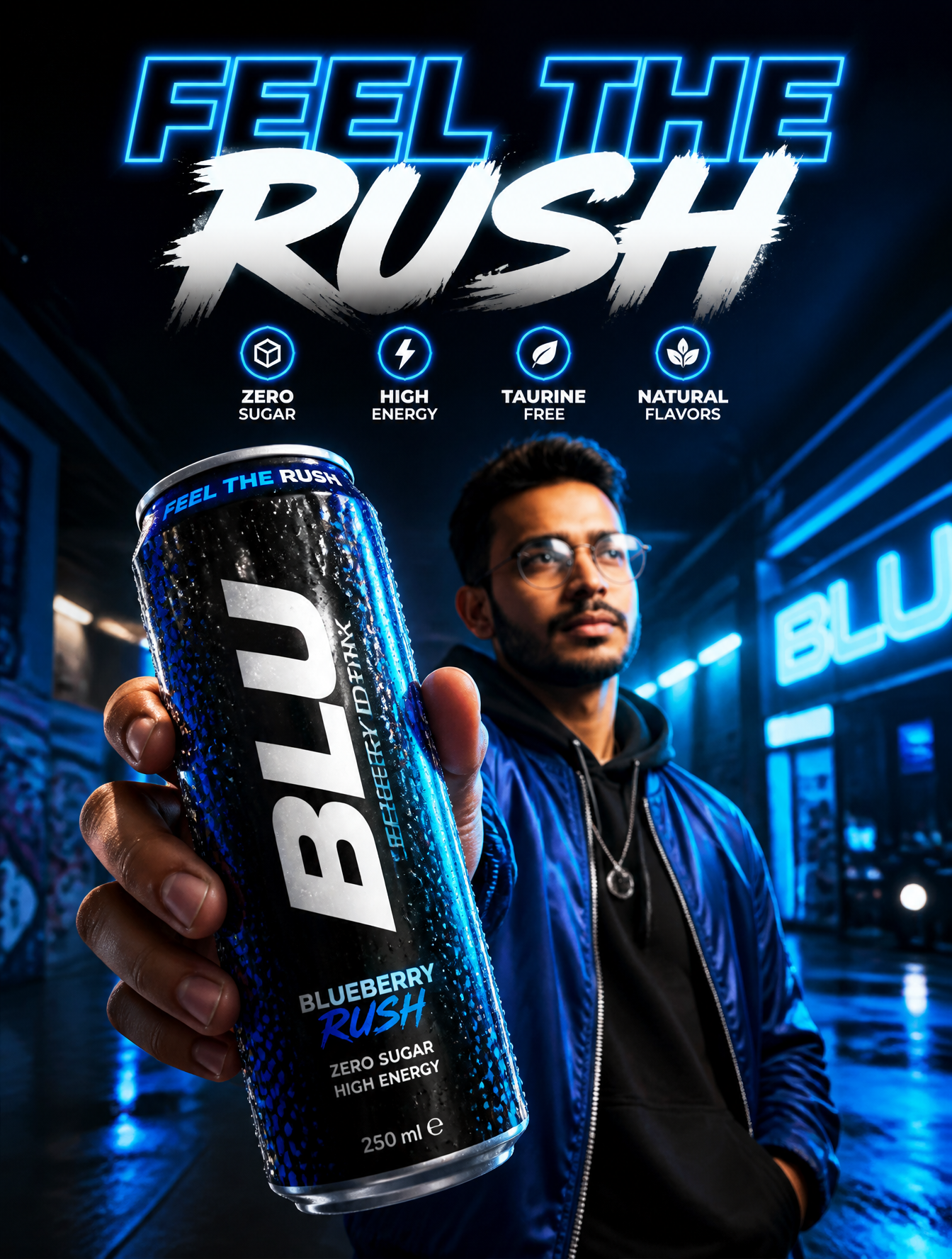 BLU能量饮料广告海报设计：蓝莓Rush零糖活力海报