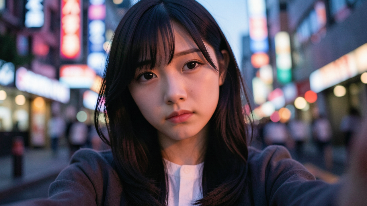 日本女大学生黄昏忧郁自拍照：城市霓虹灯下的情感瞬间