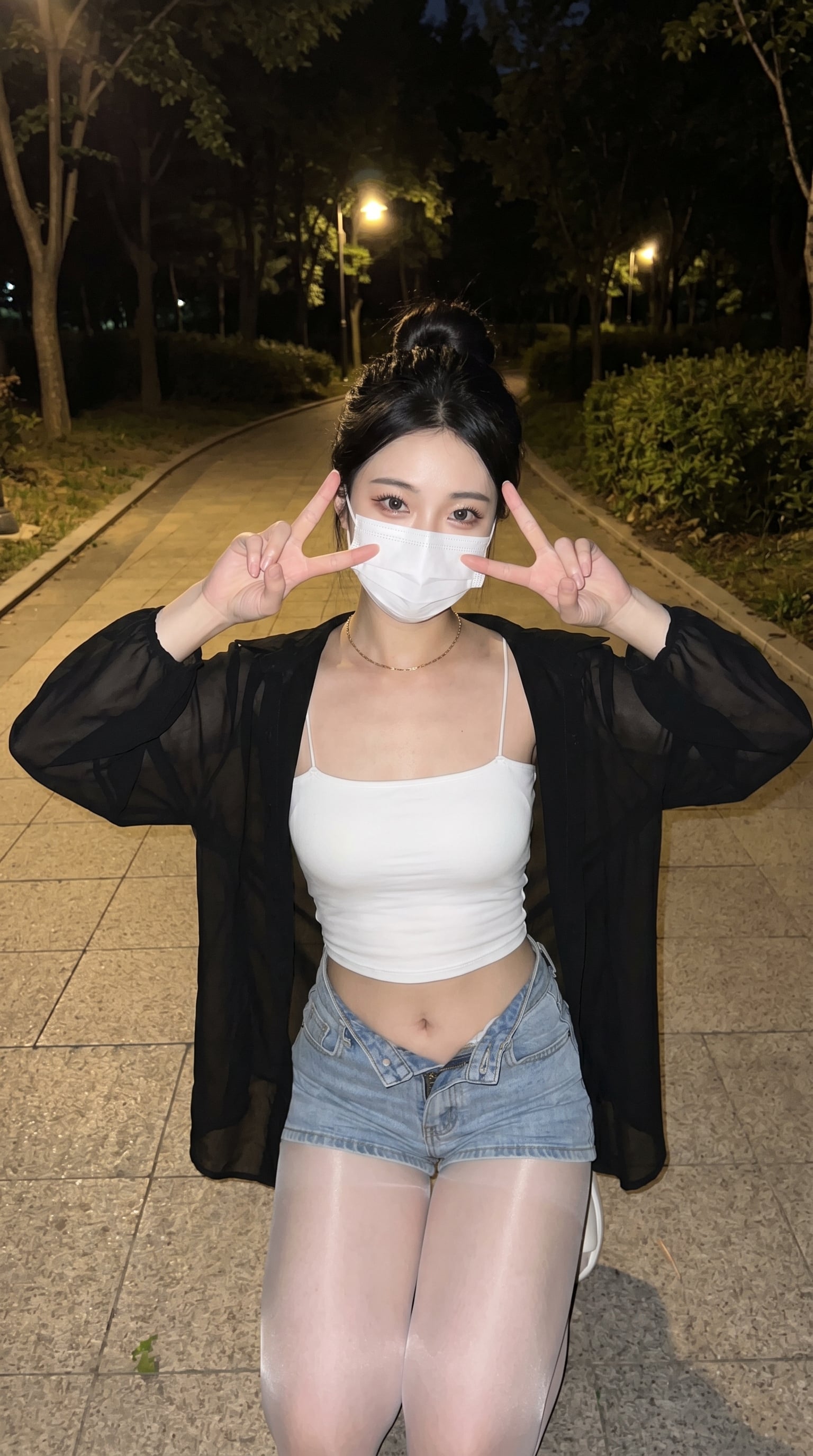夜间手机闪光灯抓拍亚洲女性：V字手势与街拍氛围