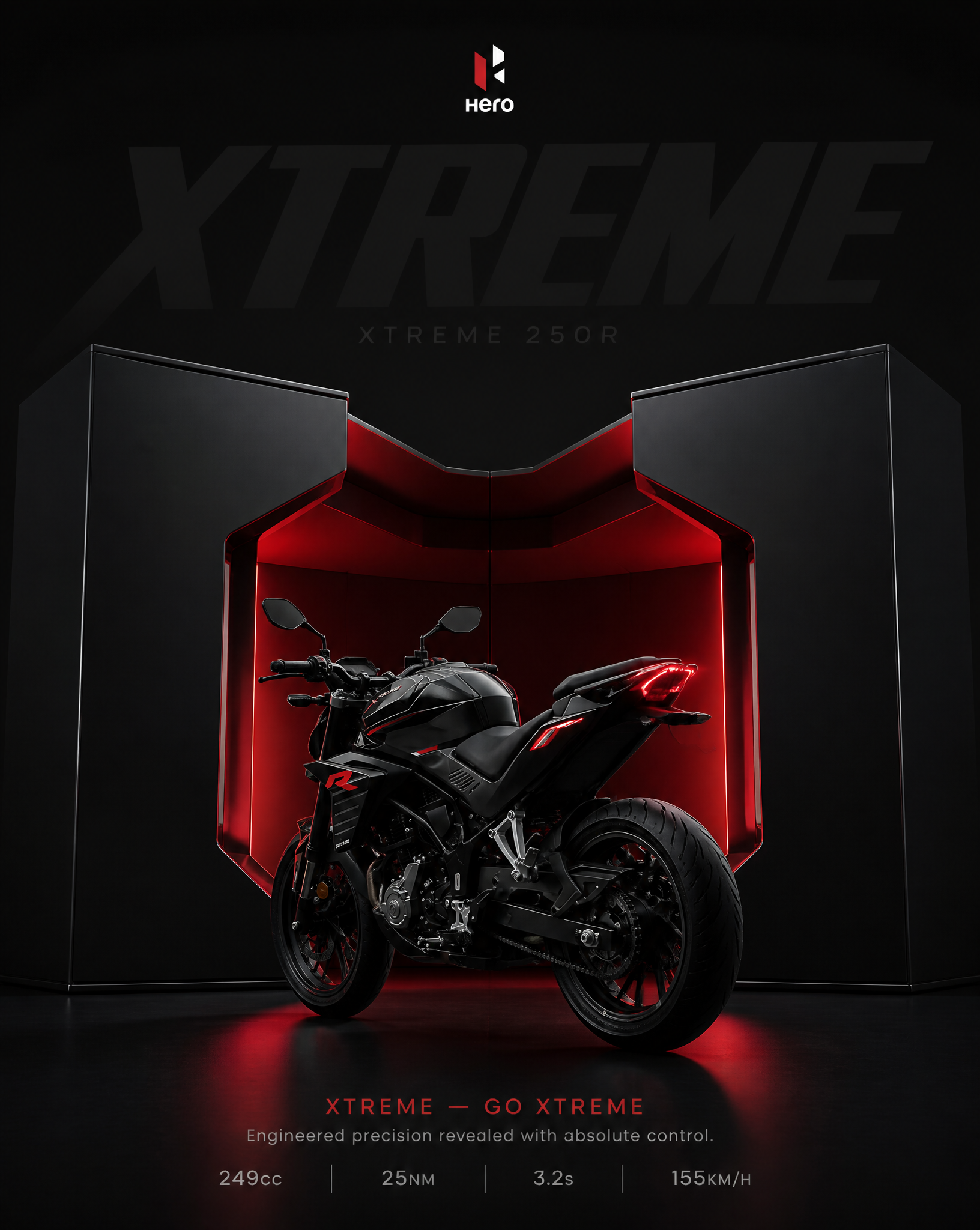受控解封：英雄Xtreme250r极简电影现实主义汽车海报设计