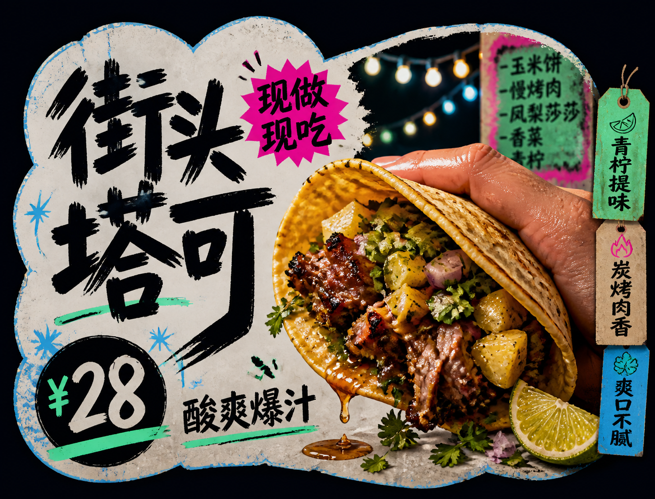夜市特供头塔可：手工玉米饼配菠萝莎莎酱，¥28现做现吃