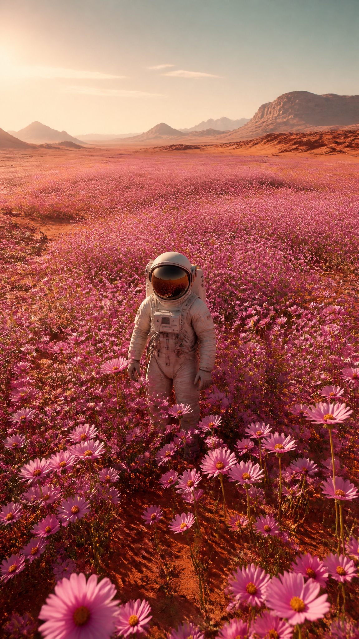 火星花海中的宇航员：梦幻宇宙花场景高清壁纸
