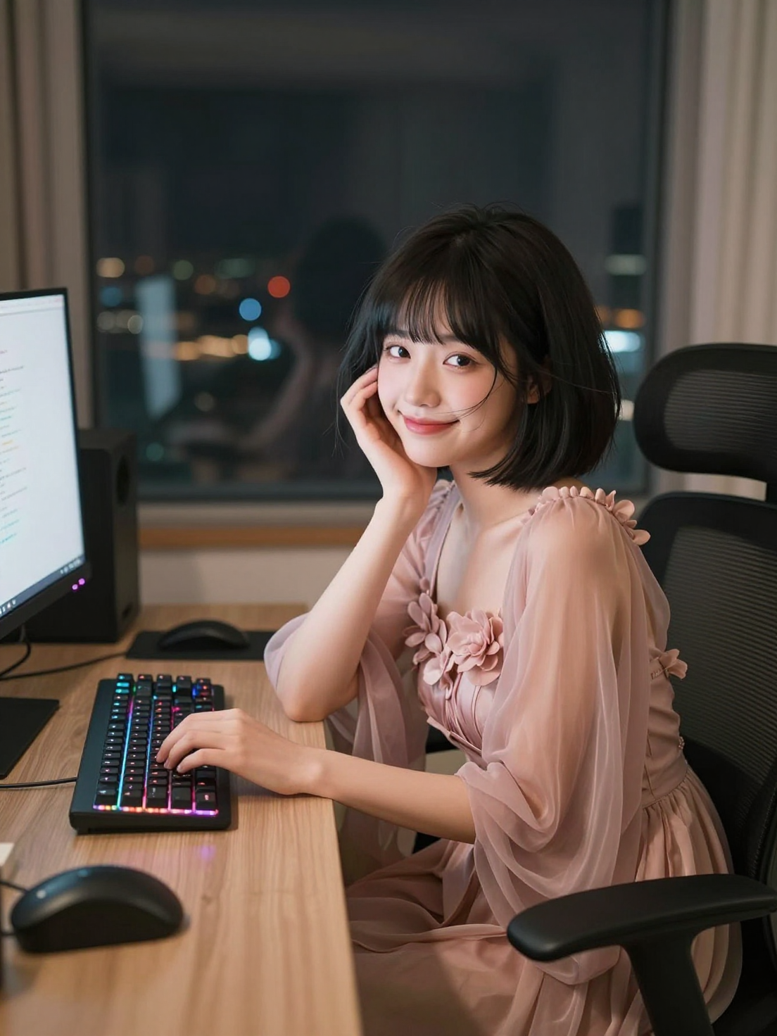 夜景主播工作室电影感镜头：女性自然表情与柔和灯光