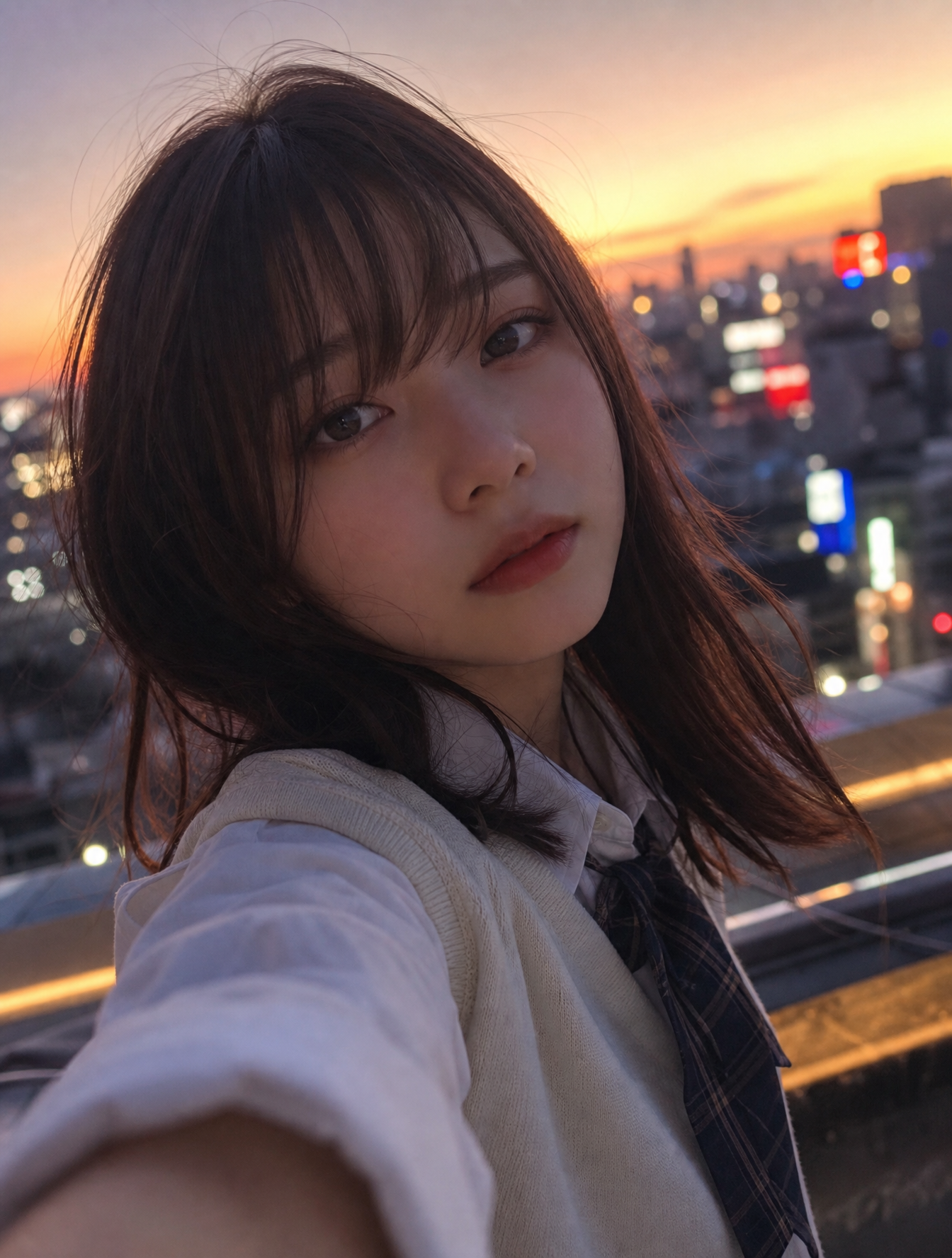 日本女大学生黄昏忧郁自拍：城市霓虹灯下情感氛围写真