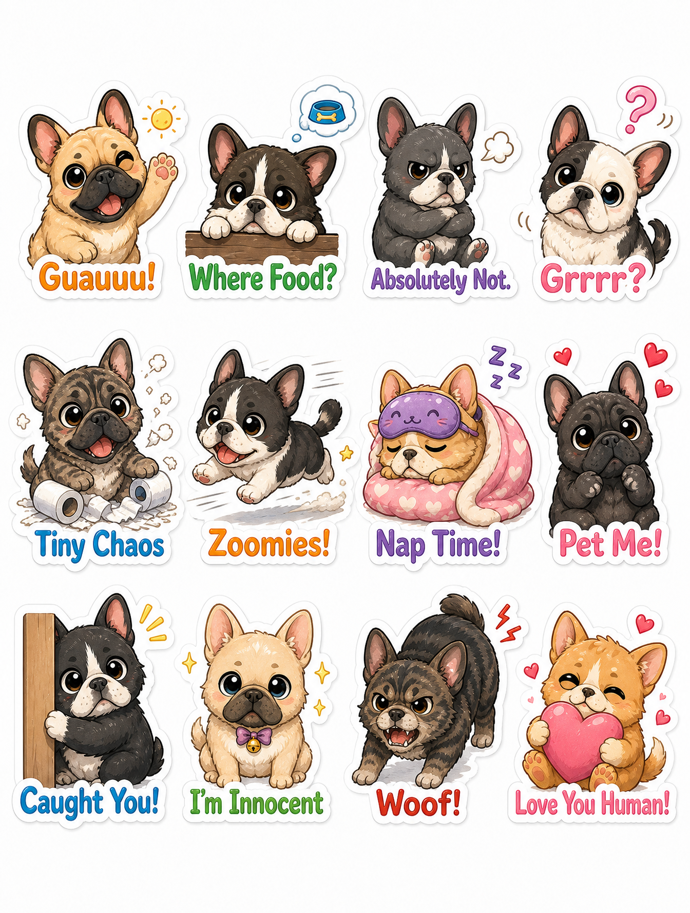 可爱Chibi法国斗牛犬贴纸包 俏皮表情与幽默文字合集