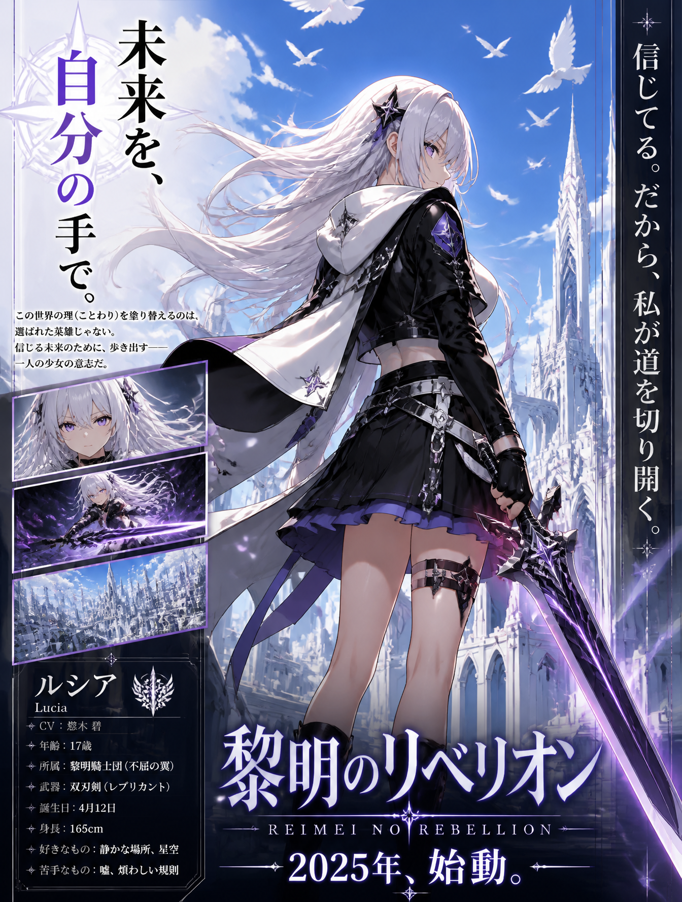 未来幻想动漫角色海报：银发少女Lucia的战斗姿态与乌托邦城市背景