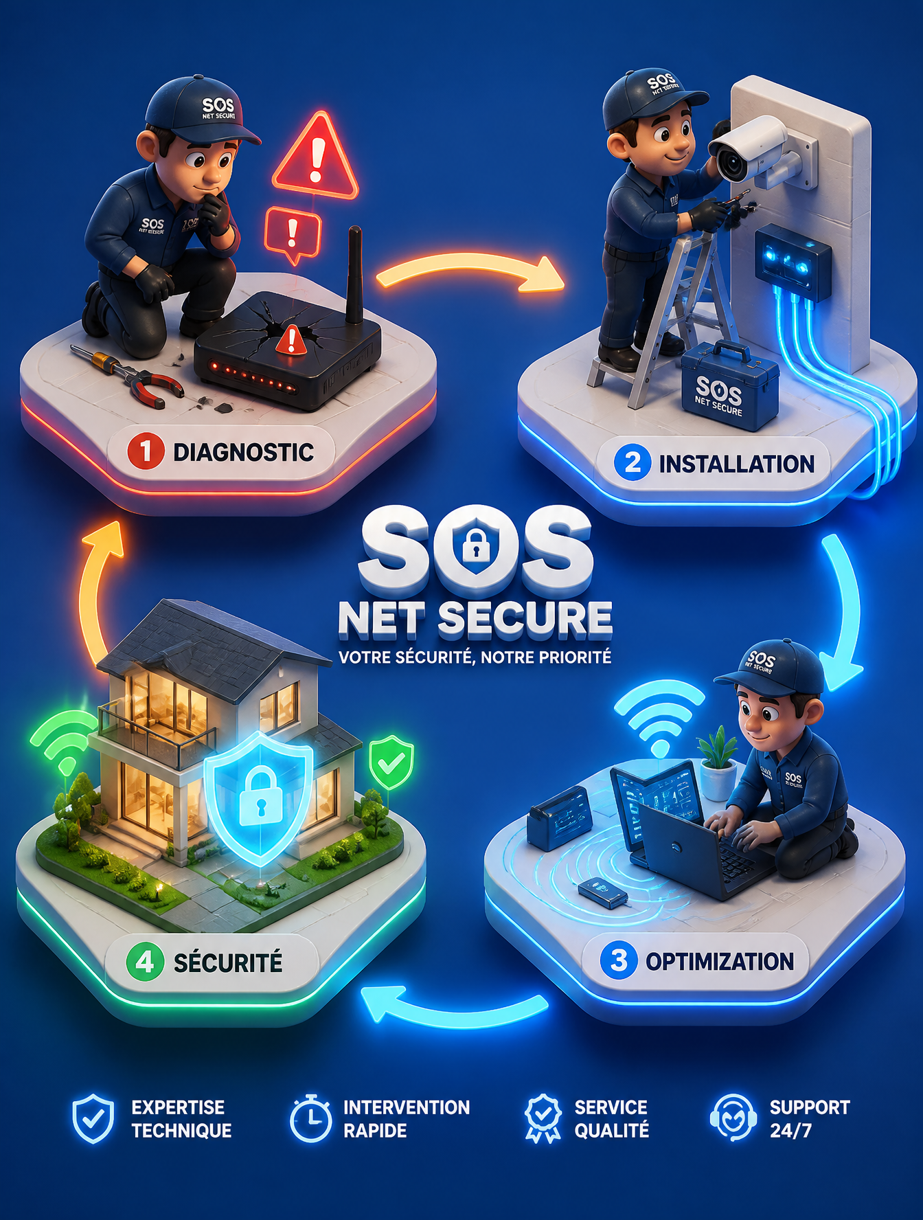 SOS NET Secure 3D工作流程：IT安全服务与智能家居安装优化