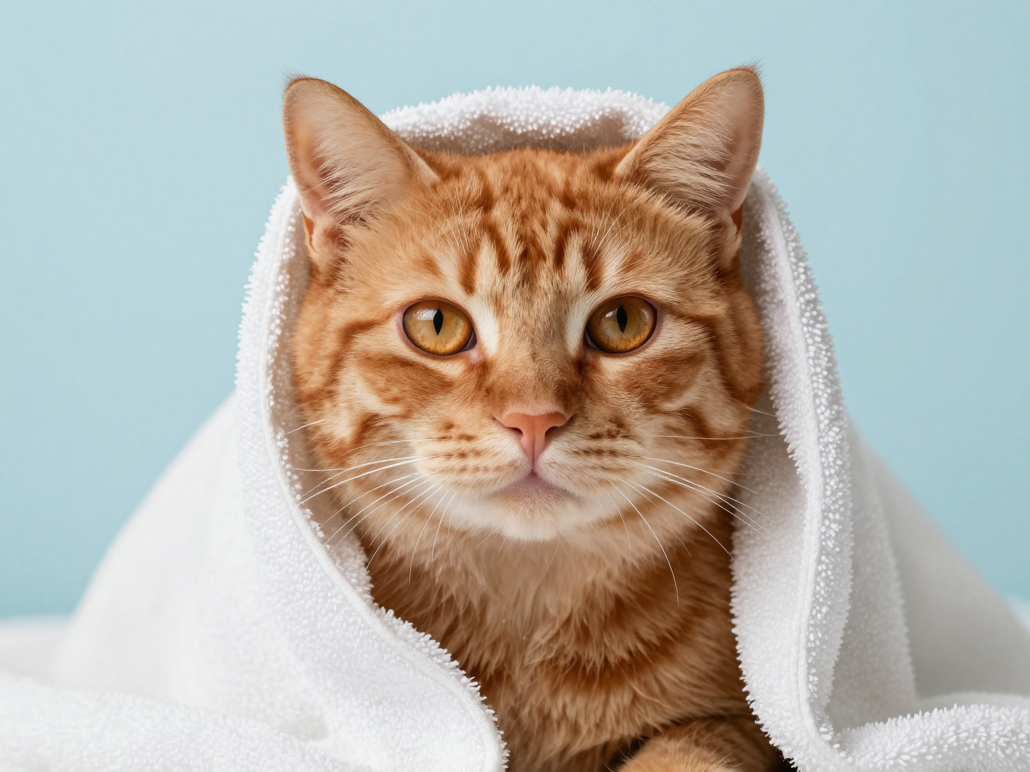 姜黄色猫超现实肖像：柔软白毛巾包裹的清新宠物摄影