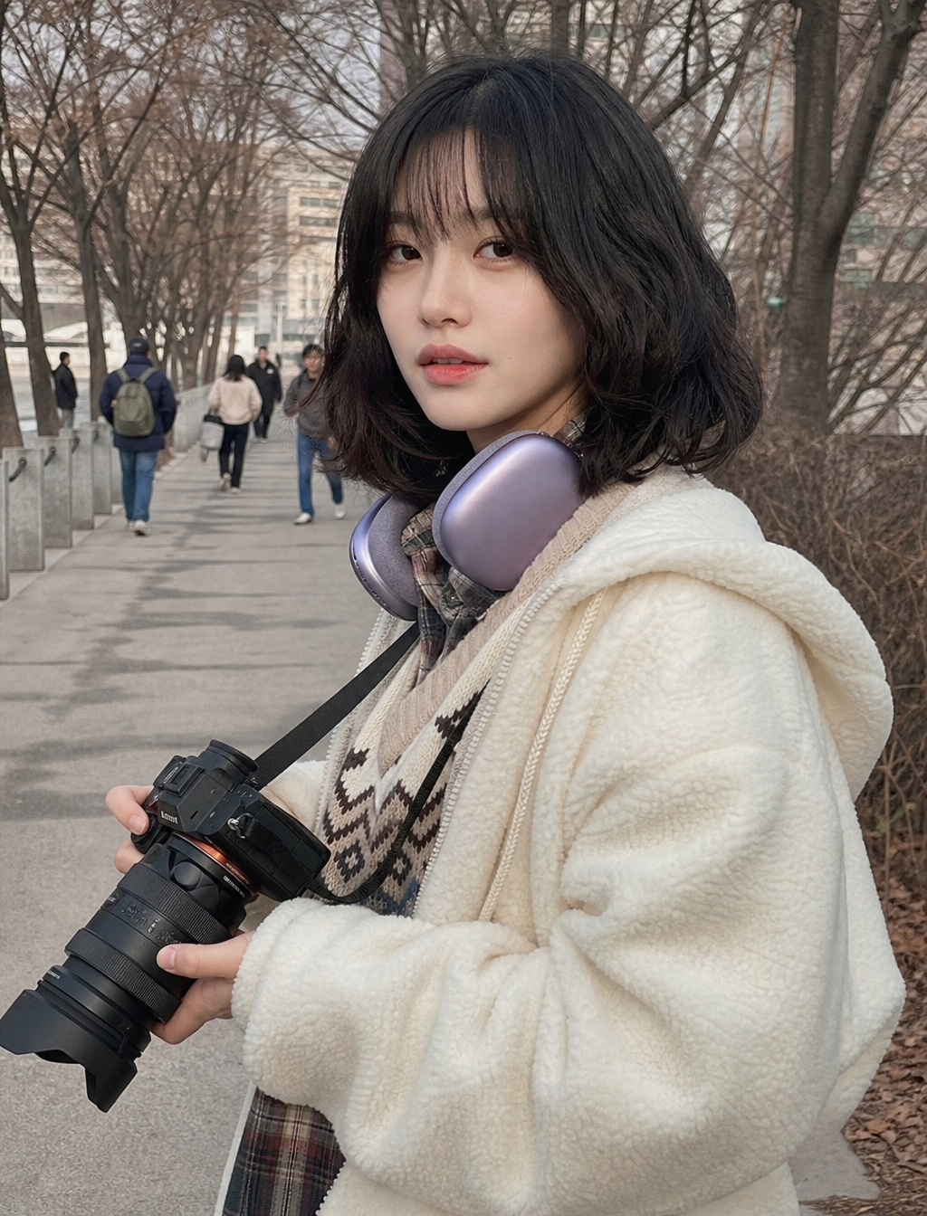 冬季街头摄影人像：韩国时尚女子手持专业相机户外写真