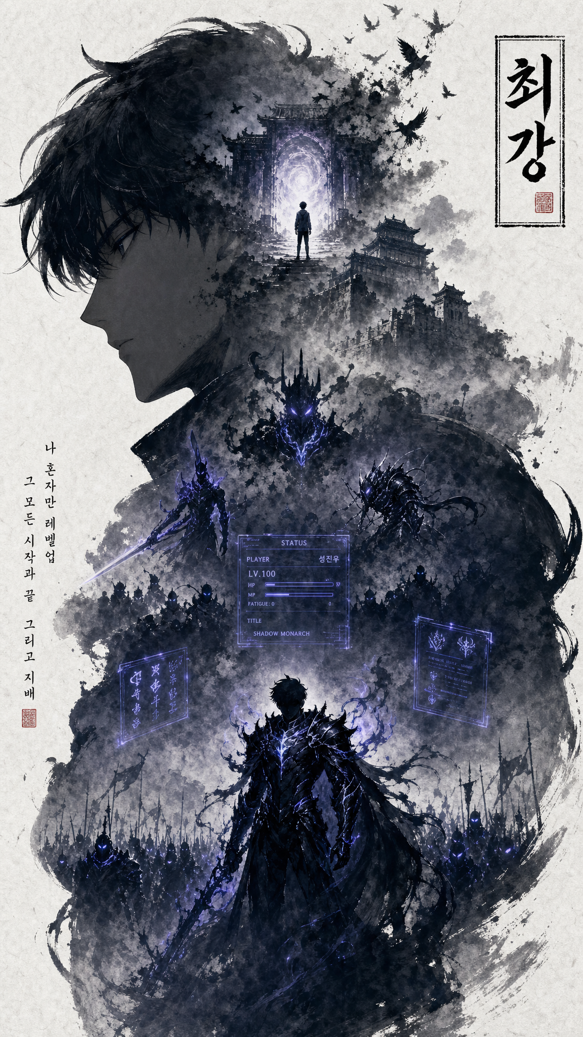 Solo Leveling双重曝光水墨风格收藏动漫艺术海报 宋镇宇暗影君主