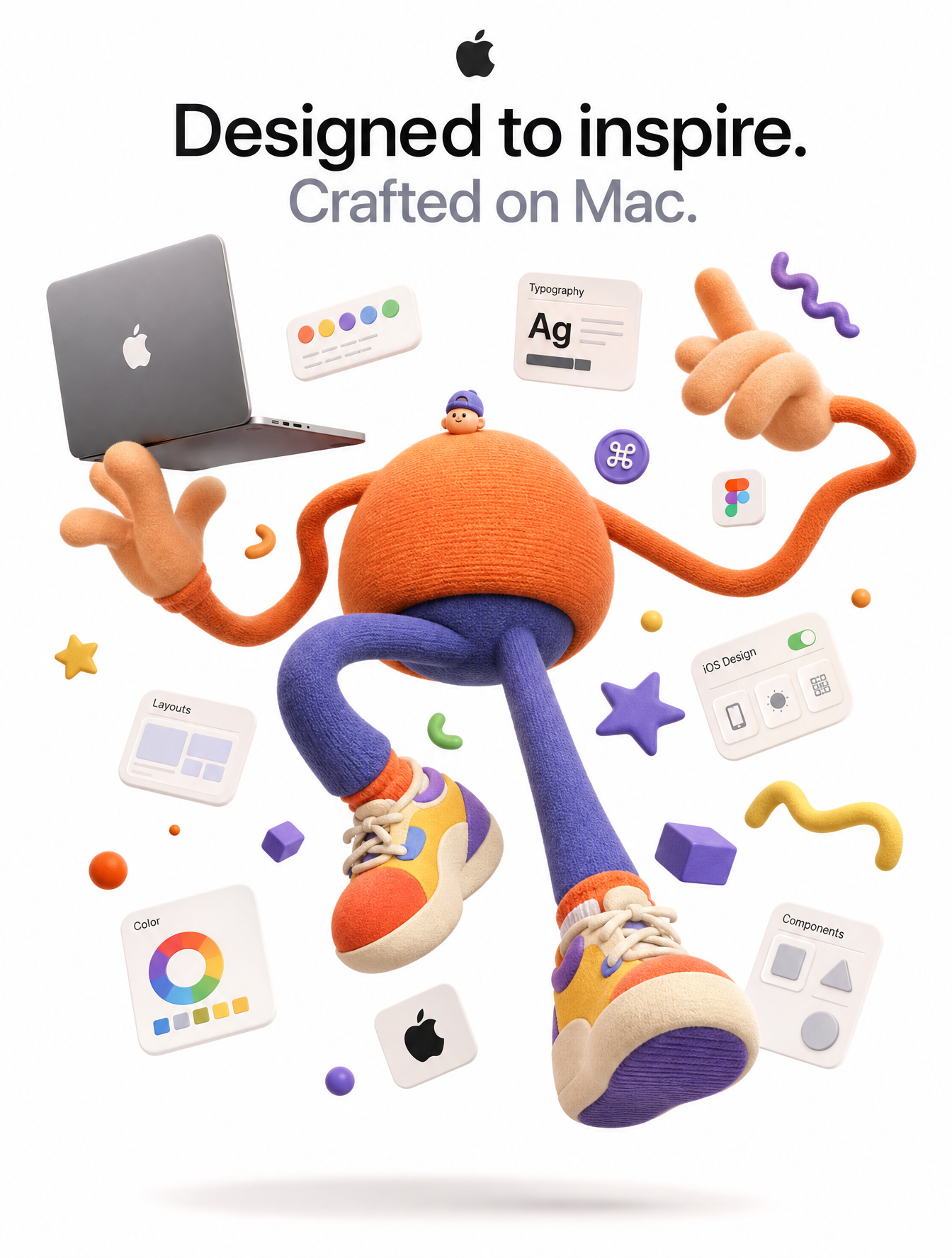 3D软胶卡通苹果产品设计师与MacBook英雄海报插图
