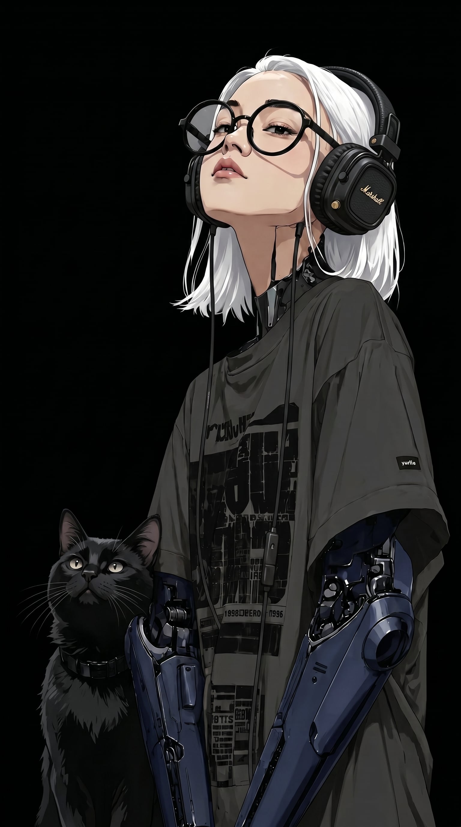 黑色猫机械手臂深蓝色女孩白头发Marshall Major V耳机图片描述