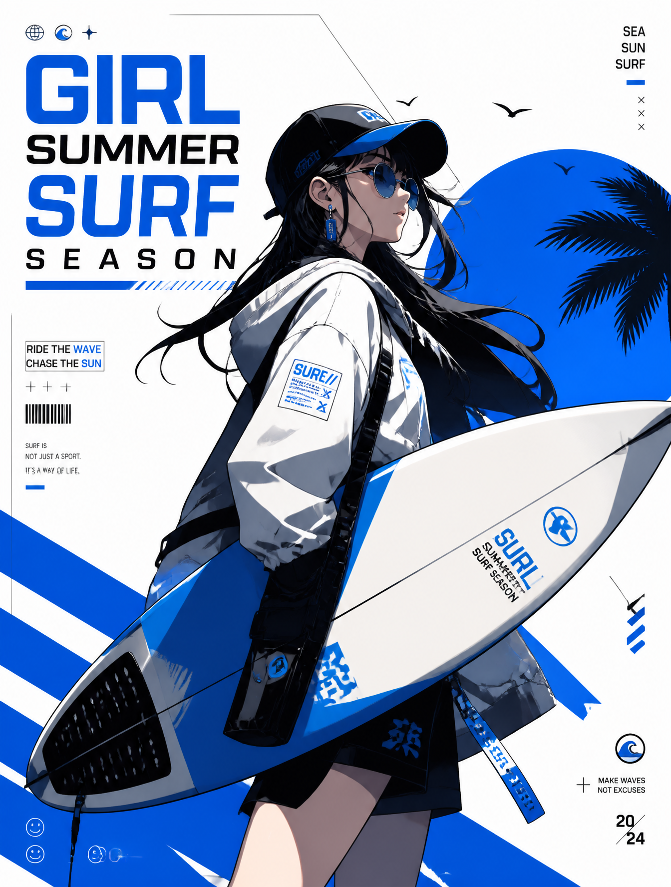 夏季冲浪女孩街潮风格插画设计，高对比度现代极简海报