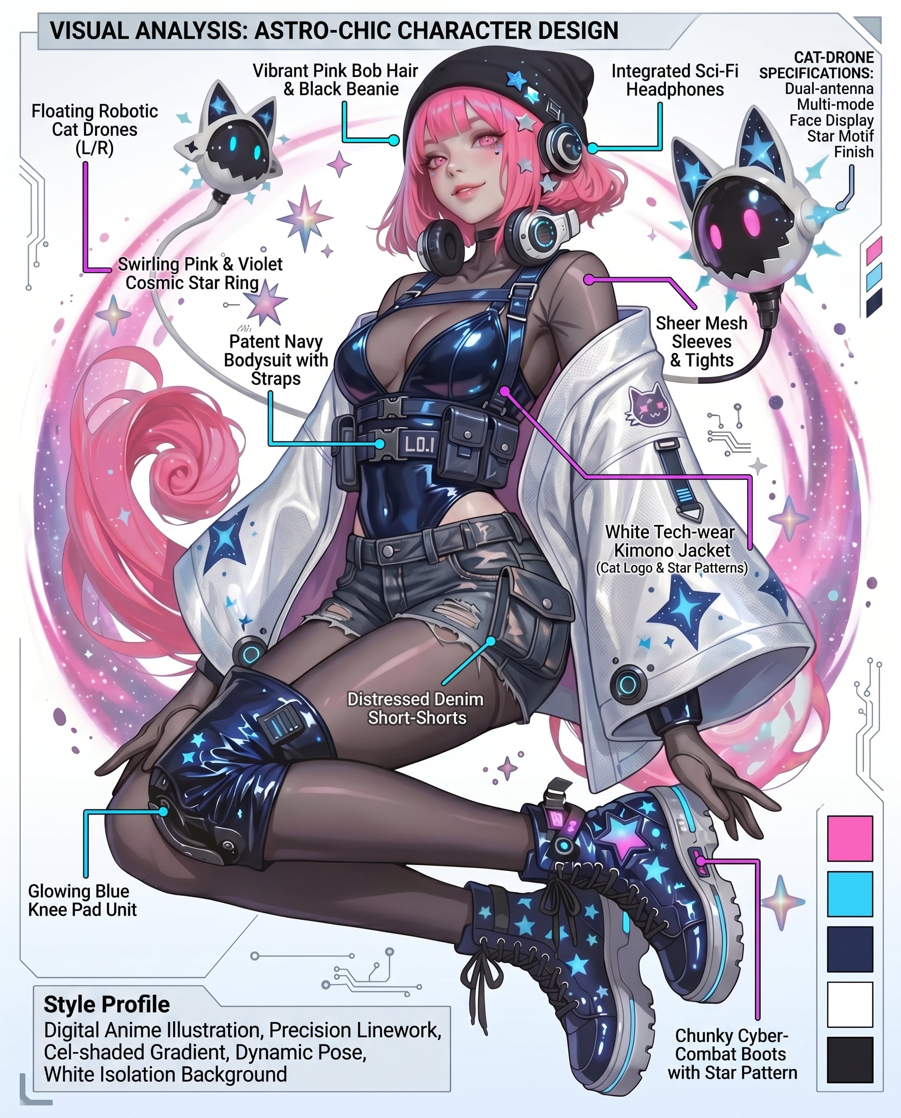 动漫女孩科技服装插画：粉色短发与机器人猫无人机宇宙能量环
